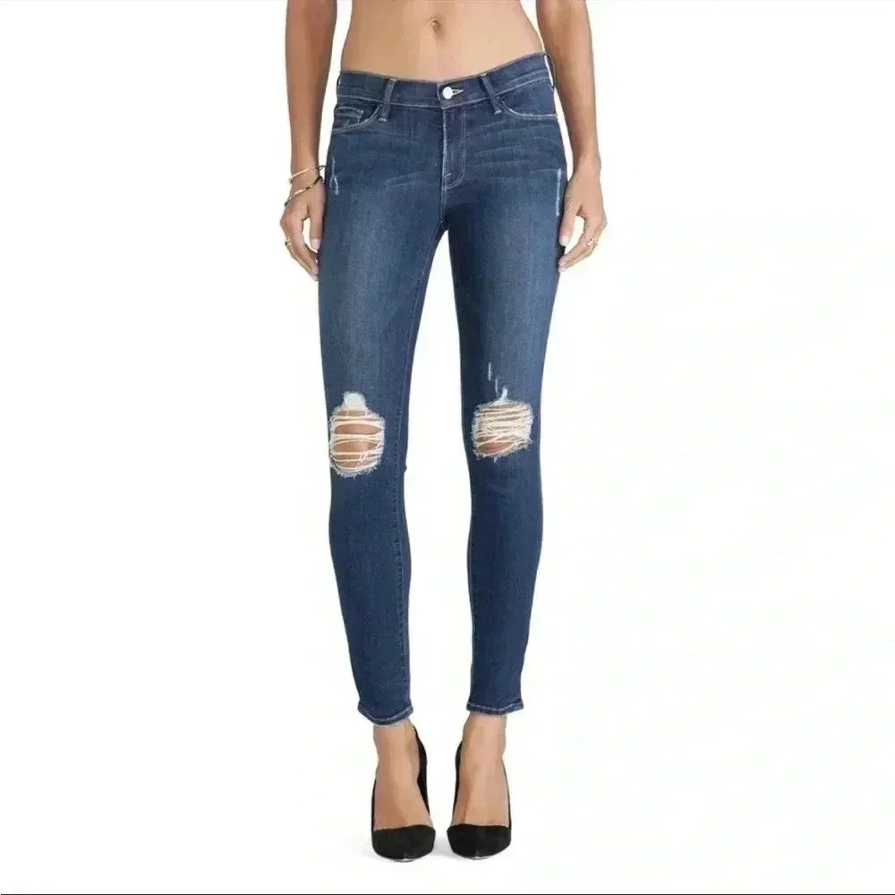 FRAME Le Skinny De Jeanne Distressed Skinny Jeans in Walgrove Blue Size 25
